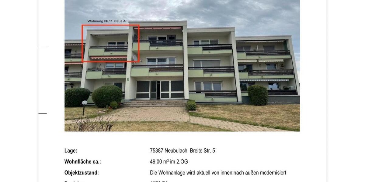 Etagenwohnung Pforzheim Dillweißenstein - 1.5 Zimmer, 49 m&sup2;, 215.000&euro; | Angebot:27070248