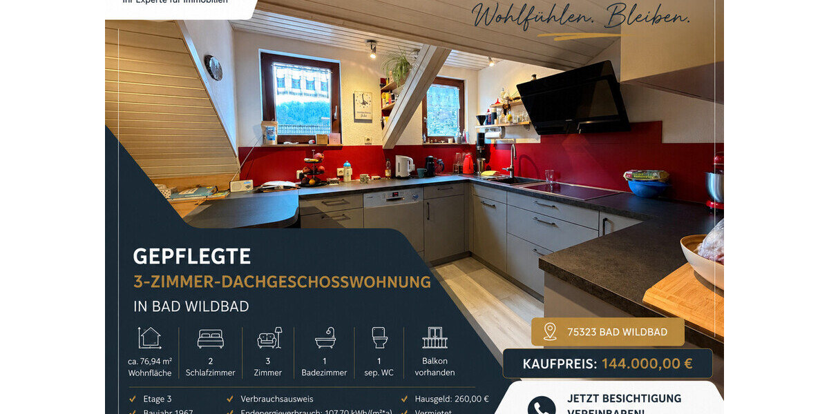 Ruhige 3-Zimmer-Dachgeschosswohnung mit Balkon & Carport – Kapitalanlage mit Potenzial - Dachgeschoßwohnung Bad Wildbad Calmbach | Angebot:26963890