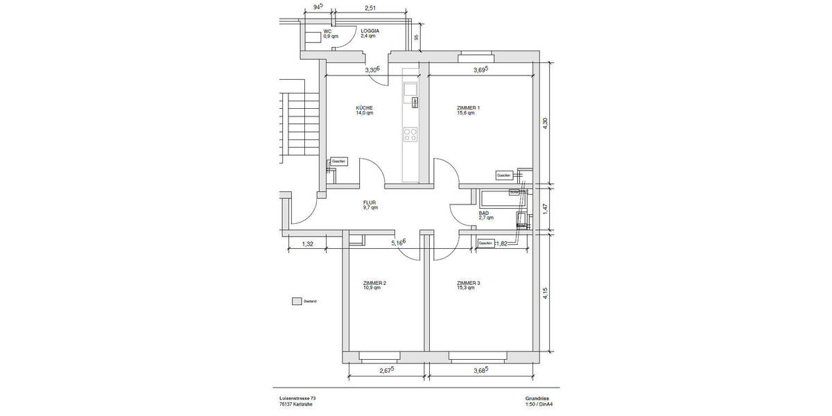 Etagenwohnung Karlsruhe Südstadt - 3 Zimmer, 70 m&sup2;, 245.000&euro; | Angebot:25929540