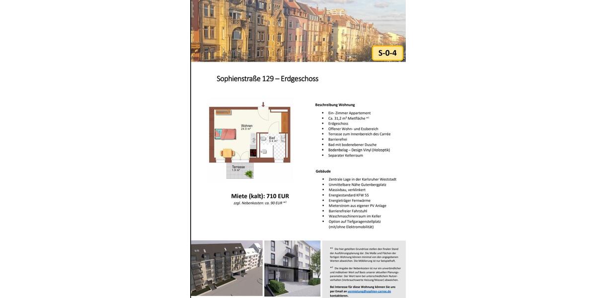 Erdgeschoßwohnung Karlsruhe Beiertheim-Bulach - 1 Zimmer, 32 m&sup2;, 710&euro; | Angebot:25378384