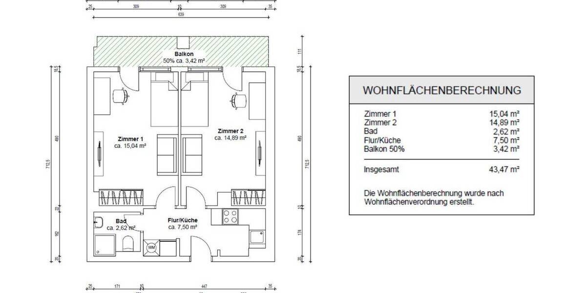 Etagenwohnung Karlsruhe Weststadt - 2 Zimmer, 43 m&sup2;, 198.500&euro; | Angebot:26926615