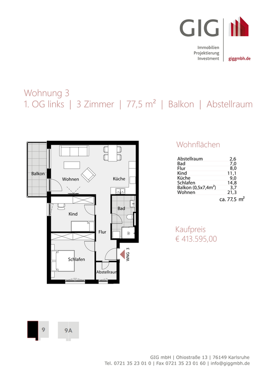Wohnung zum Kaufen in Karlsruhe 413.595 € 77.5 m²